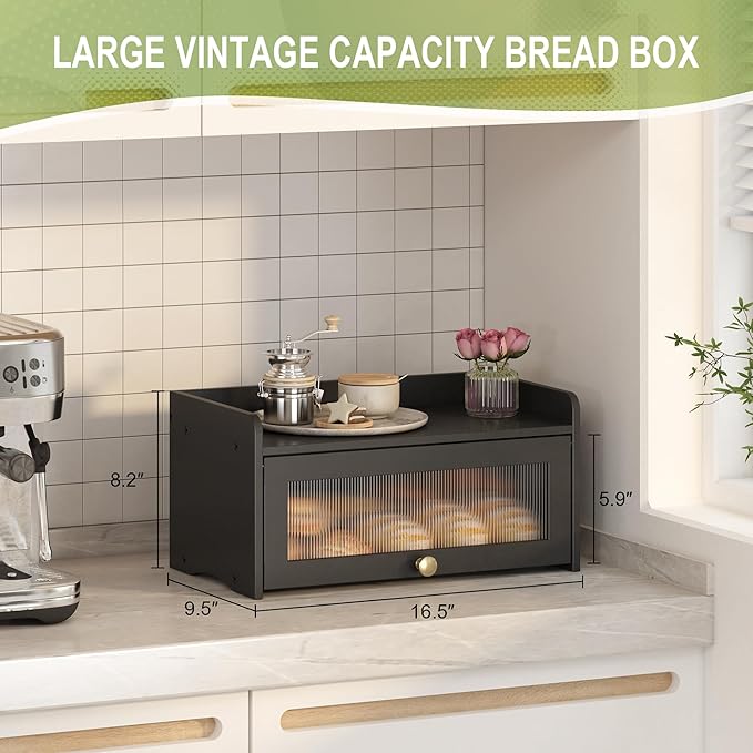 JANSNIMEN Vintage Bread Box for Kitchen Countertop, Bread Container Storage, Wooden Farmhouse Bread Box with Window Bread Holder (Vintage Black)