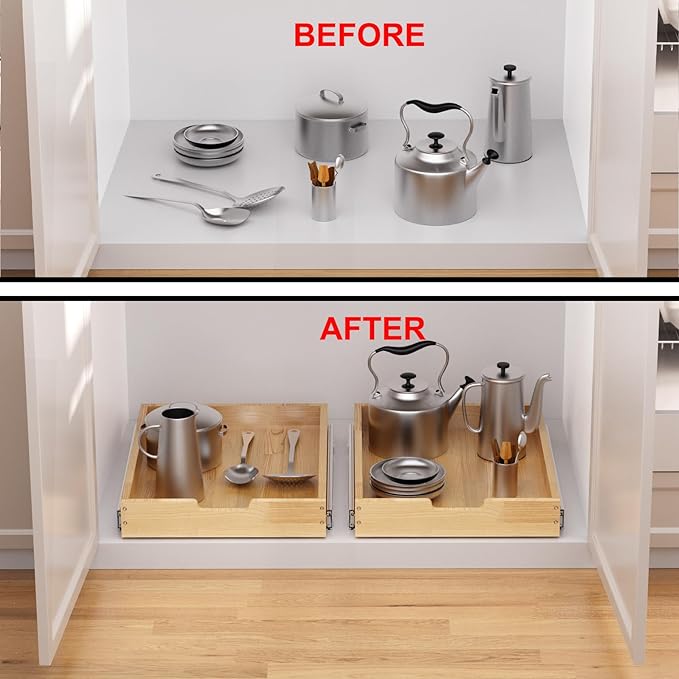 Sikarou Wood Pull Out Cabinet Organizer 20" W x 21" D, Heavy-Duty Sliding Drawers for Inside Cabinets Storage and Organization for Kitchen, Pantry, Bathroom