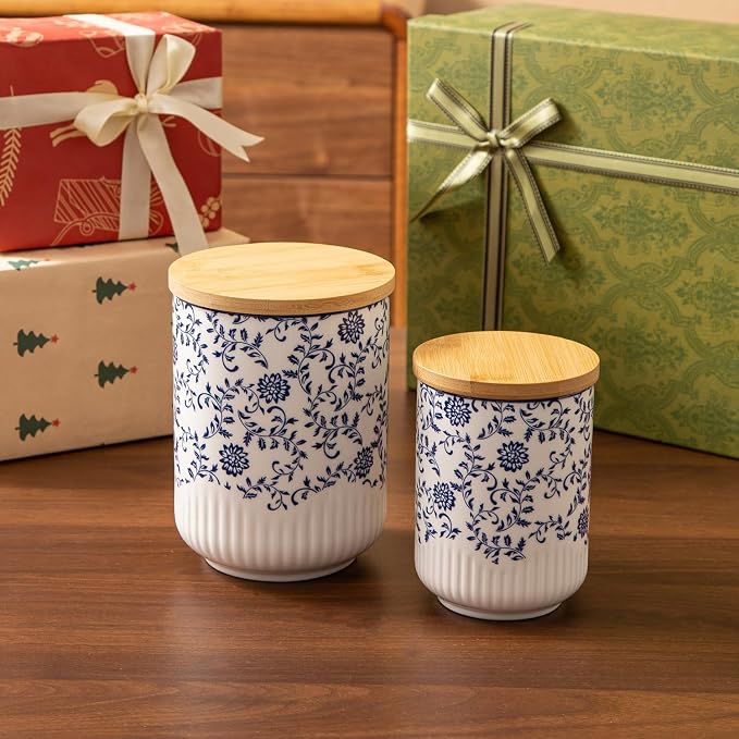 Canisters Sets for the Kitchen - 2 Pcs 36/18 oz Ceramic Kitchen Containers for Countertop with Airtight Wood Lids - Flour and Sugar Containers for Coffee Tea Spice Beans Cookie Jars - Blue