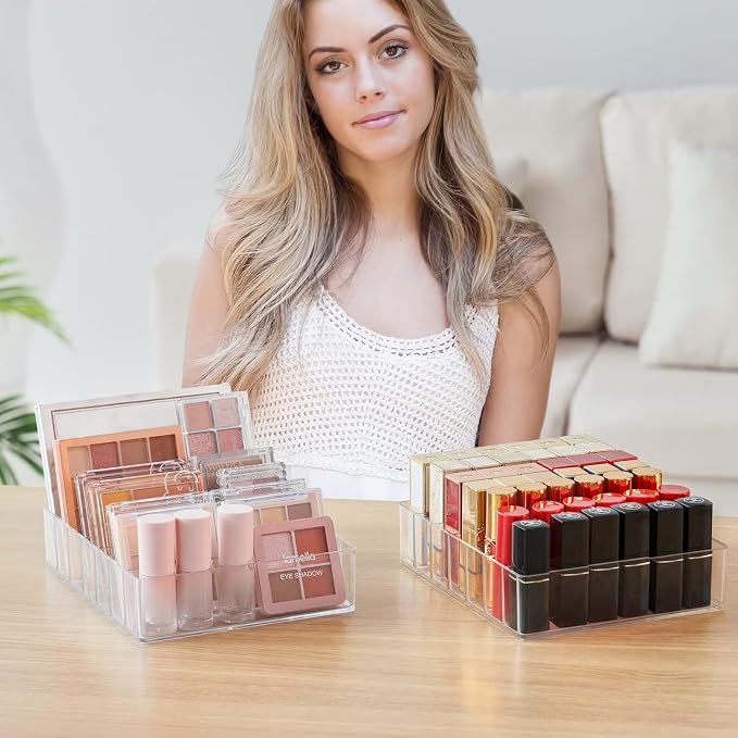 WECHENG Clear Acrylic Makeup Organizer for Eyeshadow Makeup Palette Organizer, 7 Slots Cosmetic Organizer for Vanity Countertop & Drawer, Fits Palettes Blushes Lipstick or Other Small Items
