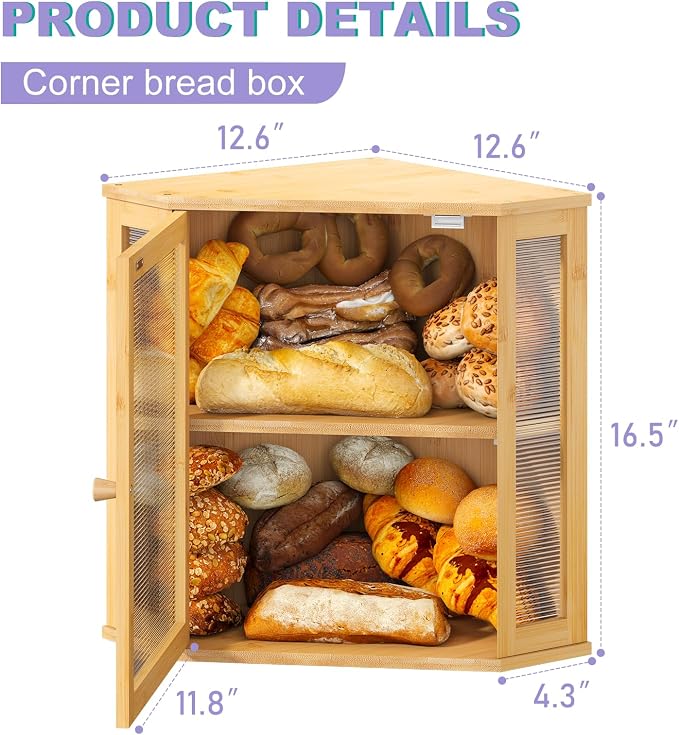 Corner Bread box for Kitchen Countertop,Farmhouse Bread Box with Acrylic Wavy Door Panel,Large Bread box for kitchen countertop,Food Storage Container (Natural, Extra Large)