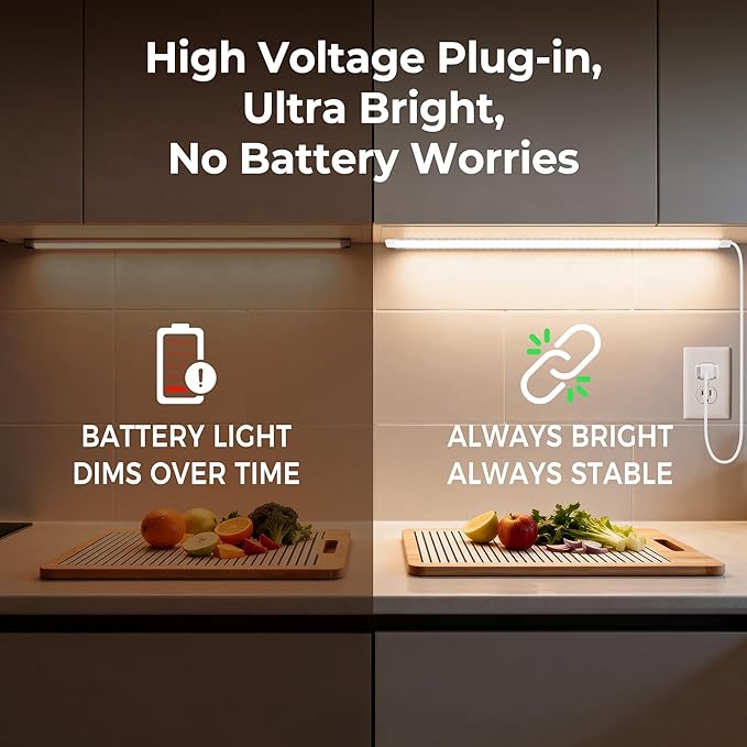 36inch Plug in Under Cabinet Lighting Strip for Kitchen, 120V Bright LED Under Counter Lights 6000k White Slim, Luces para Cocina Bajo Gabinete Under Shelf Wired Light for Sink/Workbench/Bookshelf