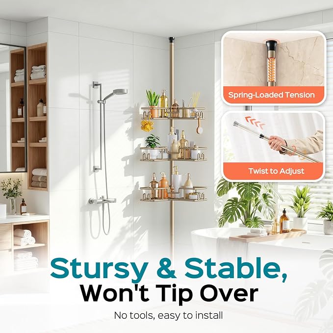 HAMITOR No Drilling Shower Rack: Tension Pole Corner Bathroom Accessories with Hooks - 4-Tier Adjustable Rustproof Shelves - Renter-Friendly Space-Saving Caddy for Family & Apartment 47-123 Inch Khaki