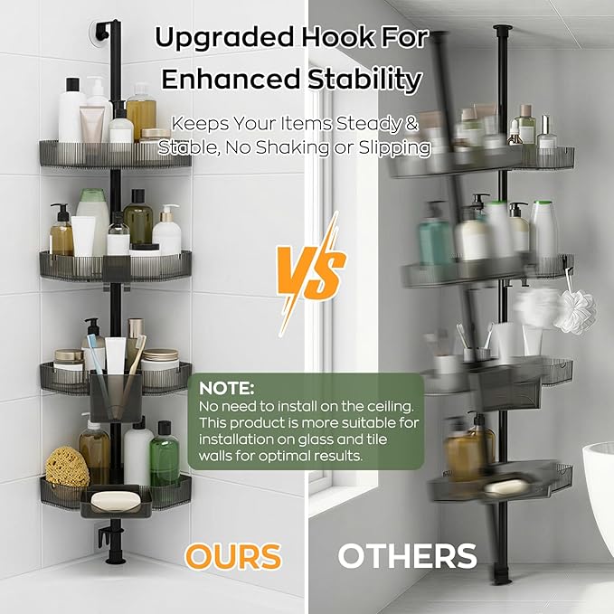 Corner Shower Caddy Extendable Rustproof Shower Organizer Adjustable 4-Tier Bathroom Shelves Anti-Tipping Bathtub Shampoo Storage Floor Standing Bath Rack 45-75 Inch No-Drill Quick Installation