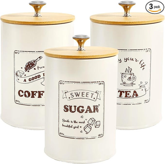 Youeon Metal Canisters Sets for the Kitchen, 40 Oz Coffee Sugar Tea Container Set, Farmhouse Style, Food Storage Containers with Lids for Countertop, Cabinet, Coffee Bar Decor, Beige