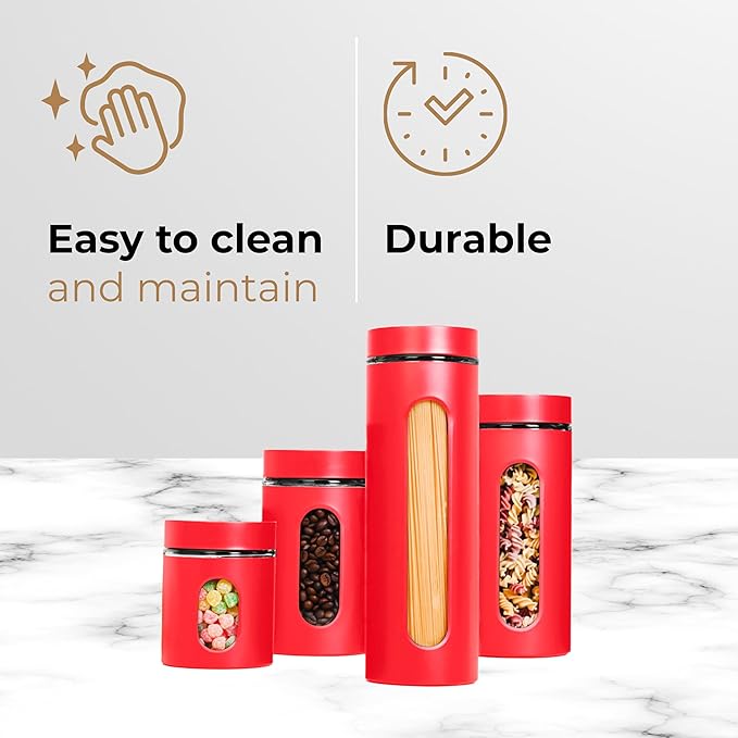 JS Gourmet 4 Pcs Stainless Steel Canisters Set for Kitchen with Glass Window and Airtight Lid, Perfect for Storing Coffee, Spaghetti, Sugar, Beans and Dry Ingredients (Red)