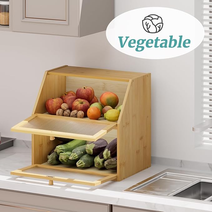 Extra Large Bread Box for Kitchen Counter, Bamboo Wood Double Layer Bread Box for Kitchen Counter, Wooden Capacity Bread Storage Bin