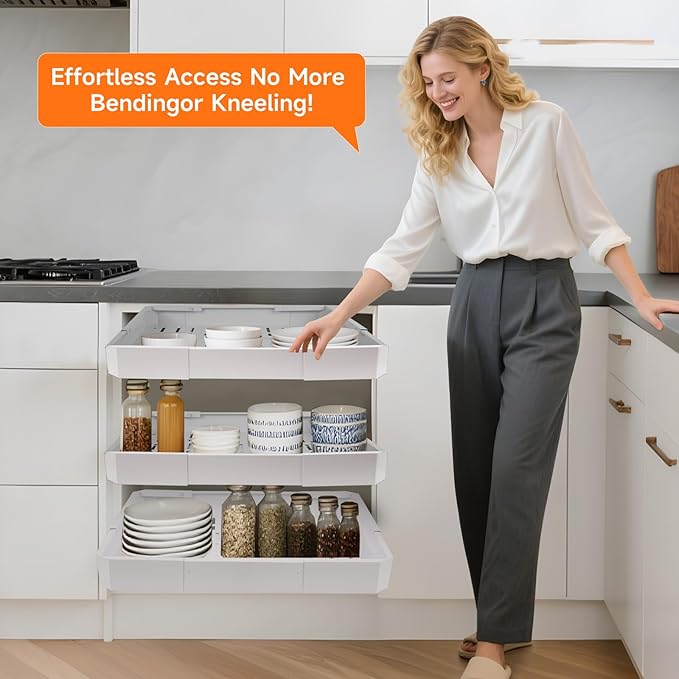 Pull out Cabinet Organizer,Adjustable Width (14"-19") and Depth (17"-24") Expandable,No Drill Slide out Drawers for Kitchen,Pantry,Adhesive Roll out Shelves,for Cabinets Without Lip (white)