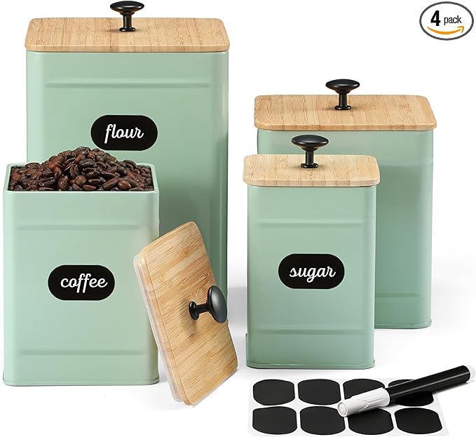PERFNIQUE Kitchen Canisters, Airtight Canister Sets of 4 for Kitchen Counter, Sage Green Kitchen Accessories, Coffee Tea Sugar Flour Spice Tin Jars Food Storage (Sage Green)