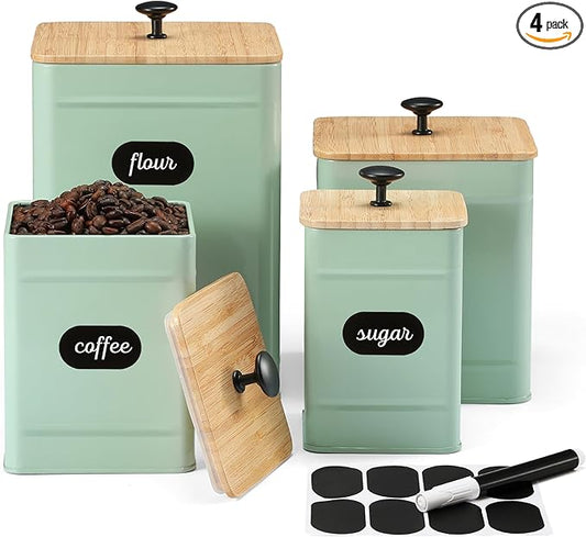 PERFNIQUE Kitchen Canisters, Airtight Canister Sets of 4 for Kitchen Counter, Sage Green Kitchen Accessories, Coffee Tea Sugar Flour Spice Tin Jars Food Storage (Sage Green)
