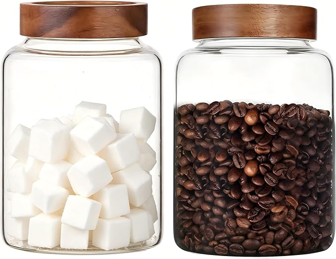 2 PCS Large Glass Jars with Wooden Airtight Lid 60 oz /1800ml,Clear Ground Coffee Bean Storage Canister with Screw Lid Glass Food Contianer for Pantry Sugar Tea Spice Cookies Salts (1800ml/60oz-2PACK)