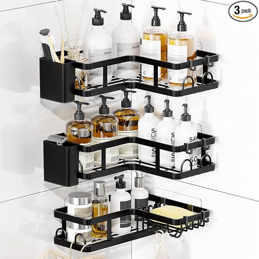 3 Pack Corner Shower Caddy Organizer, Rustproof Corner Shower Shelves, No Drilling Bathroom Corner Shelf with Hooks and Toothpaste Holder