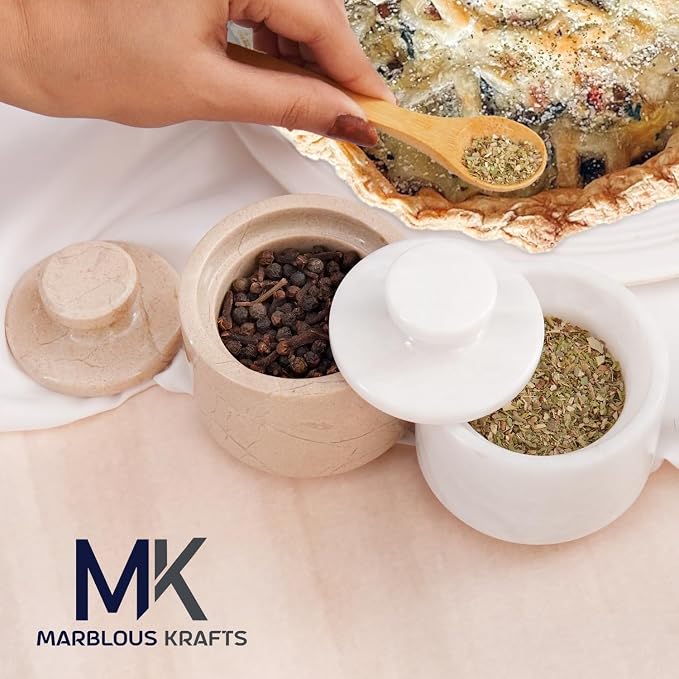 MARBLOUS KRAFTS Marble Salt Cellar with Lid 3" Inch White and Verona Sea Salt, Spices, and Seasonings Storage, Perfect for Kitchen Countertop, Dining Table, and Gift Giving,
