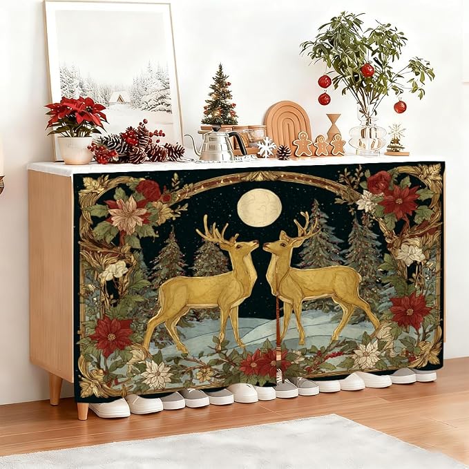 Self Adhesive Golden Deer & Full Moon Cabinet Curtain for Mother's Day, 39x28 Inch Celestial Forest Under Sink Skirt No Drill, Spring Cleaning Kitchen Decor, Hook and Loop Laundry Valance