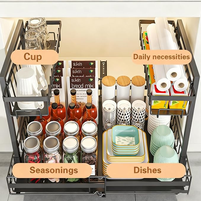 Expandable Pull Out Cabinet Organiser, No Drill Adhesive Slide Out Kitchen Drawer Shelf Durable Metal for Under Sink, Cupboard, Pantry, Adjustable Width (12.8"-19.7")
