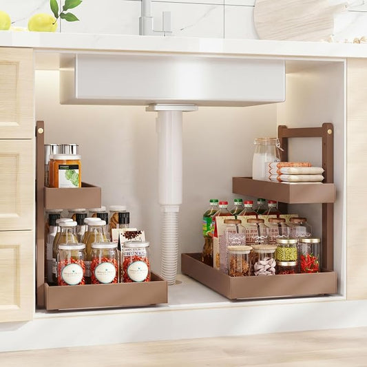 Bamboo Under Sink Storage 2 Tier Pull Out Cabinet Organizer Slide Out Under Sink Storage Shelf Undersink Organizers Shelves for Kitchen Bathroom Organization (Brown, 2 Packs)