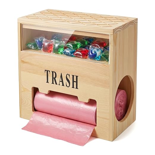 2-in-1 Trash Bag Dispenser & Dishwasher Laundry Pods Container, Large Wooden Trash Bag Holder with Magnetic Flip Lids, Garbage Bag Dispenser for Kitchen Pantry Laundry Room Under Sink Organizer