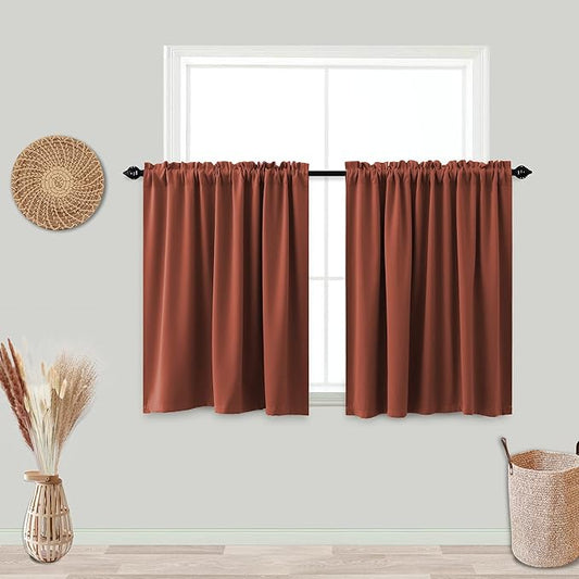 KOUFALL Terracotta Curtains for Kitchen Window,Short Blackout Boho Curtains for Bedroom 2 Panels,Rust Color,36 Inch Length