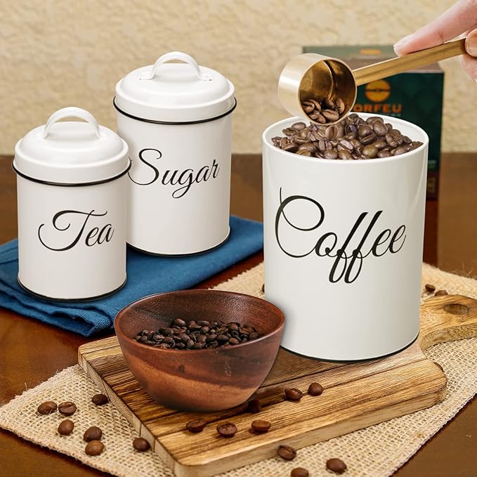 Kitchen Canisters Set of 3, Food Storage Containers for Kitchen Countertop, Large Airtight Coffee Sugar Tea Containers with Lids, White Farmhouse Kitchen Decor