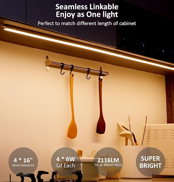 Leetdud Under Cabinet Lighting Plug in, 16 Inch 4 Pcs, Linkable AC120V 3CCT 3000K/4000K/5000K Ultra Slim, LED Under Cabinet Lights for Counter Light, Kitchen, Shelf, Sink, Workshop, Desk, White