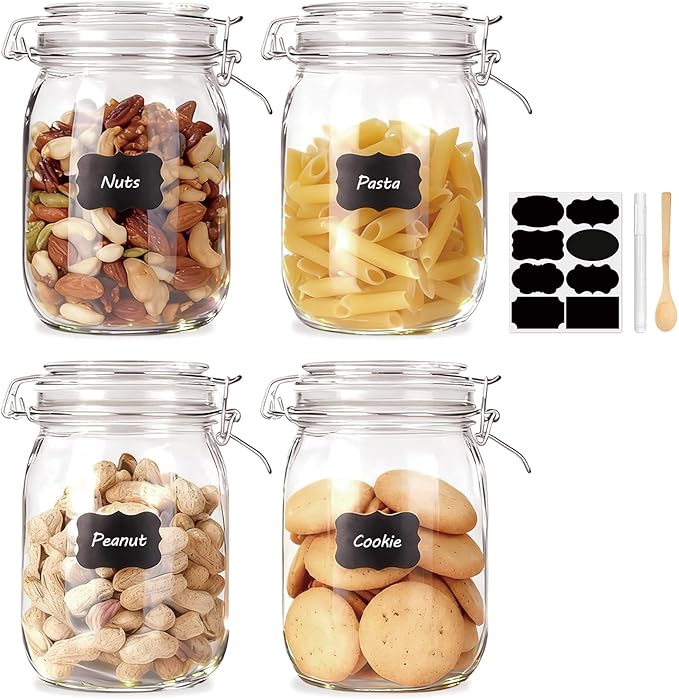 Flrolove Glass Kitchen Storage Canister Mason Jars with Lids,32oz Airtight Glass Canister with Hinged Lid，Perfect for Kitchen Canning Cereal,Pasta,Sugar,Beans (Labels & Chalk Marker)-Set of 4