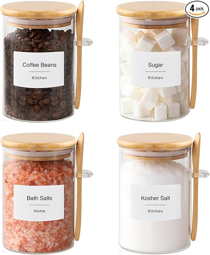 TIPGO Sugar Jar Bath Salt Container – 17 oz Glass Jar with Bamboo Lid and Spoon, Sugar Cube Holder and Canister for Countertop, Glass Containers for Coffee Beans, Tea and Overnight Oats (4 Pack)