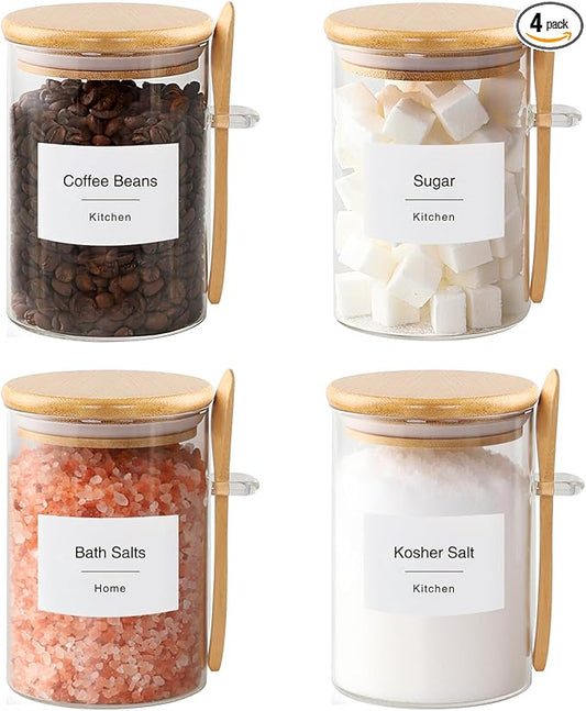 TIPGO Sugar Jar Bath Salt Container – 17 oz Glass Jar with Bamboo Lid and Spoon, Sugar Cube Holder and Canister for Countertop, Glass Containers for Coffee Beans, Tea and Overnight Oats (4 Pack)