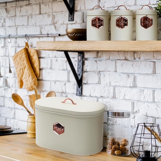 Bread Box for Kitchen Countertop with Coffee Sugar Tea Storage Containers, Bread Box and Canisters Set for the Kitchen with Lid, Beige