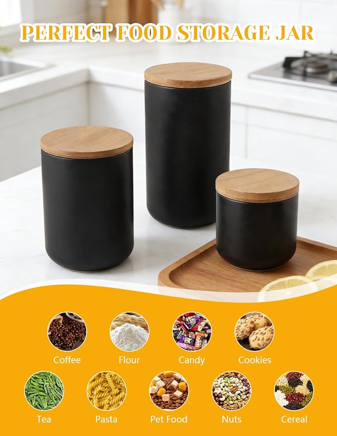 YYW Ceramics Food Storage Jar Canister with Airtight Seal Bamboo Lid, Simple Style Kitchen Canister for Food Storage, Store Coffee, Sugar, Tea, Spices and More (Black (33.81oz/1000ml))