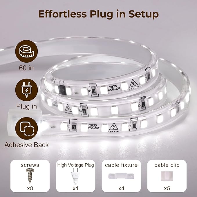 60inch Plug in Under Cabinet Lighting Strip for Kitchen, 120V Bright LED Under Counter Lights 6000k White Slim, Luces para Cocina Bajo Gabinete Under Shelf Wired Light for Sink/Workbench/Bookshelf