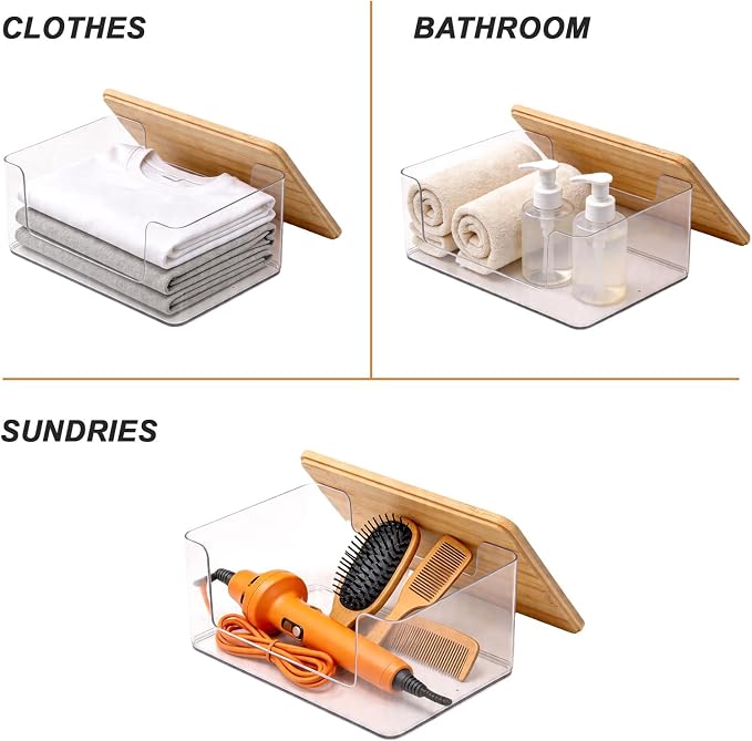 2 Pack Trash Bag Holder, Stackable Garbage Bag Dispenser with Bamboo Lid – Clear Plastic Organizer, Space-Saving Under Sink Storage for Kitchen, Laundry Room, Pantry & Cabinet