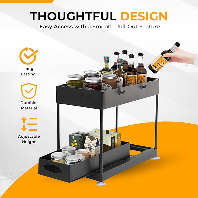 TEVASO Under Sink Organizers and Storage | Space-Saving Cleaning Supplies | 2 Tier Sliding Under Shelf Organizer for Kitchen and Bathroom - Black - 1 Pack
