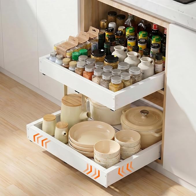 UFORU Pull Out Cabinet Organizer,4-Side Expandable Slide Out Drawer with 3 Rails, Adjustable Width 11.4"-18.9" & Depth 16.3"-21.7", No Drill Adhesive or Nail Fixed Roll Out Shelves for Kitchen, Pantry