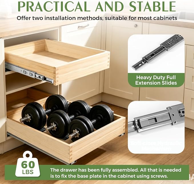 Wooden Pull Out Cabinet Organizer for Kitchen Fully Assembled 15" W x 21" D x 3" H Solid Wood Drawer with Soft Close Slides Bottom or Side Mount for Pantry Bathroom Bedroom Dining Room Storage