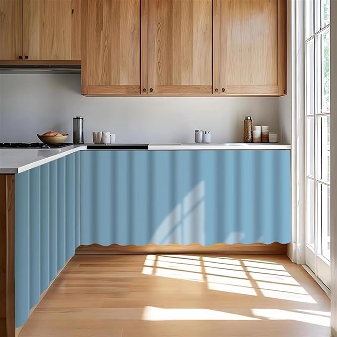 Under Sink Curtain for Closet, Privacy Short Cabinet Curtain Self Stick Adhesive Desk Skirt for Kitchen Classroom, Sky Blue, 39" W x 20" L
