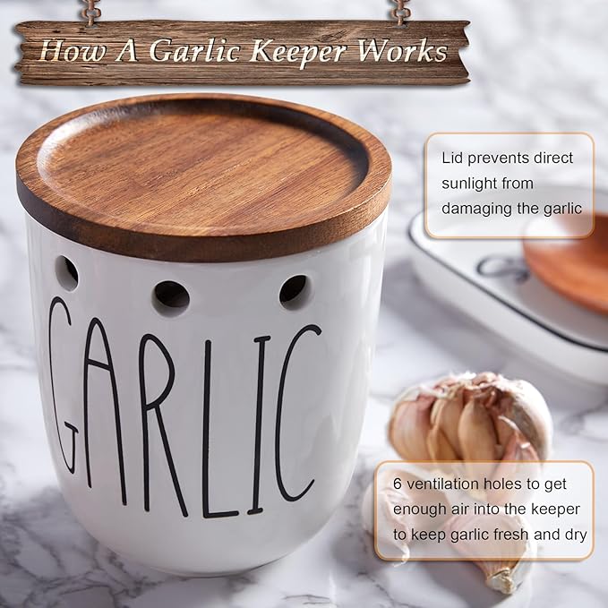 DAYYET Large Garlic Keeper for Counter, Ceramic Garlic Keeper with Acacia Wood Lid, Garlic Holder Storage Container, Garlic Saver for Kitchen, Farmhouse Kitchen Decor and Accesorries, White