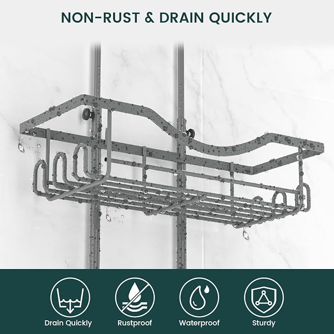 REINHARDT Shower Caddy Hanging Adjustable, Extended Length Rustproof Shower Caddy Over Shower Head with Hooks Soap Holder, Large Capacity Shower Organizer Anti-Swing Bathroom Organizer, Grey