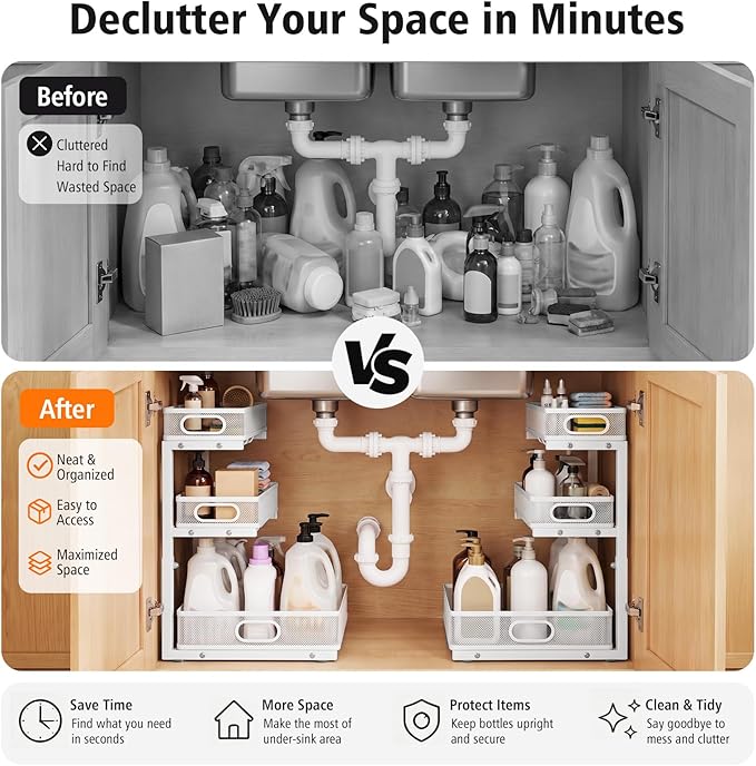 Under Sink Organizer, 3 Tier Pull Out Cabinet Organizer with 5 Adjustable Heights, Metal Under Sink Storage with Sliding Drawers for Kitchen, Bathroom, Pantry and Laundry Room, 2-Pack White