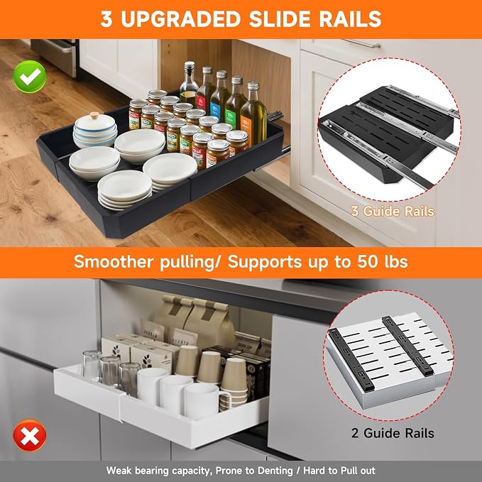 Pull out Cabinet Organizer,Adjustable Width (14"-19") and Depth (17"-24") Expandable,No Drill Slide out Drawers for Kitchen,Pantry,Adhesive Roll out Shelves,for Cabinets Without Lip (black)