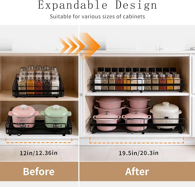 2 Pack Expandable Pull out Cabinet Organizer, Width (13"-21") Pull Out Drawers for Cabinets, Full Extension Upgrade 3 Slide Rails Slide Out Drawers, No Drill Adjustable Roll Out Shelves (Black)
