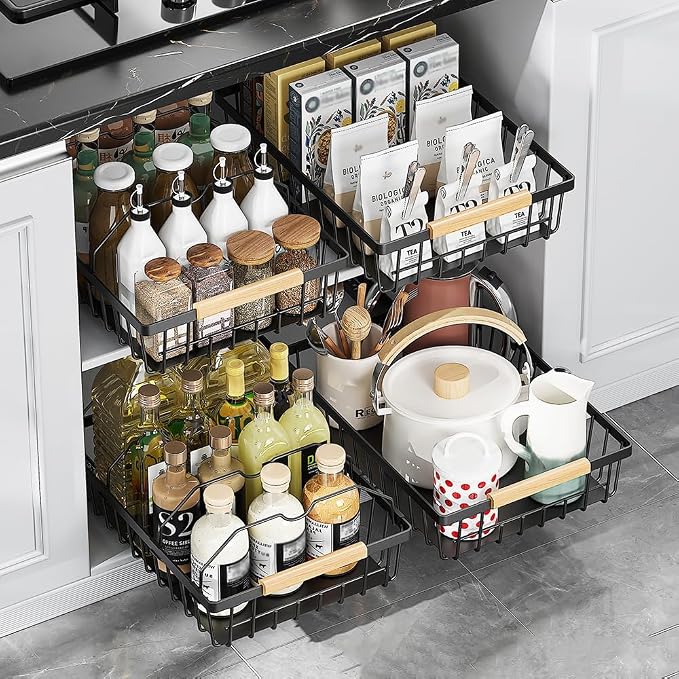 Takywep Pull Out Cabinet Organizer No Drill Adhesive Sliding Mesh Basket with Smooth Glide Under Sink Drawer for Kitchen Pantry Bathroom Storage