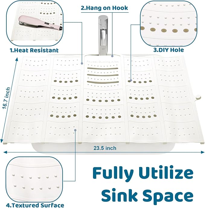 Bathroom Sink Cover for Counter Space, Foldable Silicone Sink Mat Makeup Organizer Mat Space Saver, Women’s Gifts for Christmas RV Camper Travel Must Haves Accessories - Large, Pearl