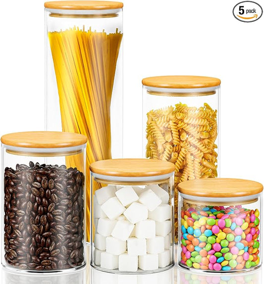 Airtight Glass Food Storage Containers with Lids,5-Pack Pantry Storage Canisters Set,19/26/33/45/68 Ounces Kitchen Jars for Flour,Sugar,Salt,Coffee Beans,Cereal,Spice,Creamer & Overnight Oats