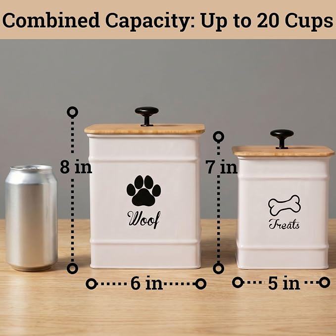 Dog Treat Container Airtight Set of 2 - 8x6 & 7x5 inch Iron Dog Treat Jars for Kitchen Counter with Airtight Bamboo Lids - 20 Cup Capacity Pet Treat Container Set - Doggie Cookie Jar - Treats Canister