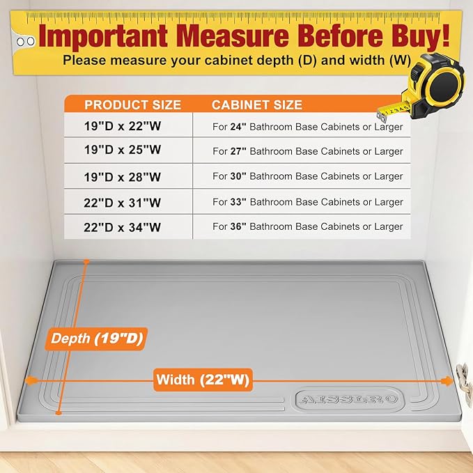 Aisslro Under Sink Mat 28" X 19", Waterproof Silicone Under Sink Mats for Kitchen, Anti-Leak Shelf Liner & Cabinet Protector with Raised Edge, [BPA Free] Bathroom Tray Home Organizer, Grey
