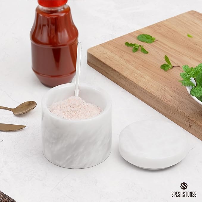 White Marble Salt Cellar 3 Inch Handmade Stone Salt Containers for Countertop, 5.2 oz Sugar Jar with Lid and Spoon, Salt Bowl, Marble Salt Holder to Store Spice, Table & Flaky Salt