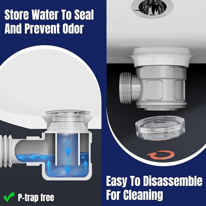 Bathroom Sink Drain Kit with Flexible Expandable Pipe: Odor-Free & Backflow-Preventing, Space-Saving Design without a P-trap, For 1-1/4'' & 1-1/2'' Drain Hole (Chrome, Without Overflow)