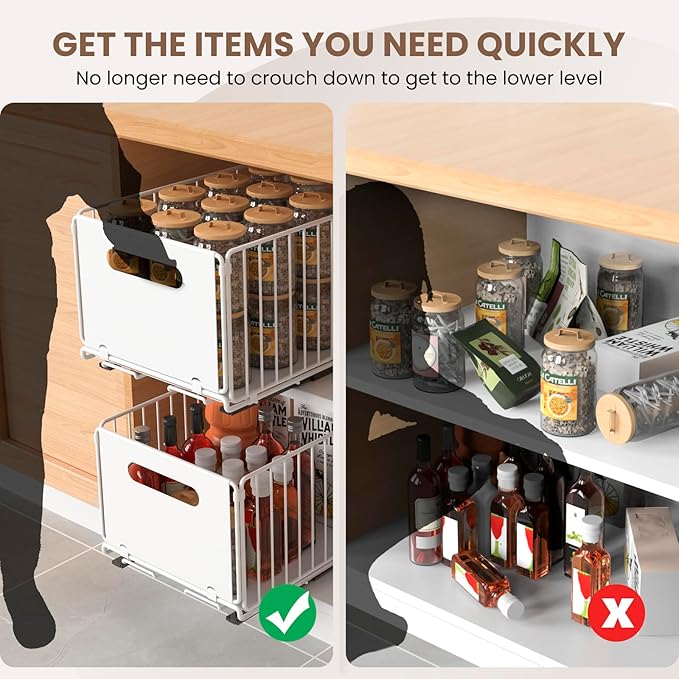 Pull Out Cabinet Organizer, 2 Pack Heavy Duty Slide Out Drawers Pantry Shelves Fixed With Strong Adhesive Glue and Handle for Kitchen, Living Room, Bathroom, Home (14.8" D X 9.6" W X 7.48" H)