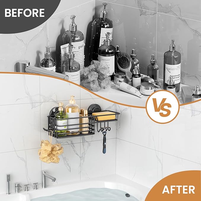 LEVERLOC Shower Caddy Suction Cup, Suction Caddy with Hooks and Soap Holder for Bathroom, No-Drilling Bathroom Shower Organizer, Black