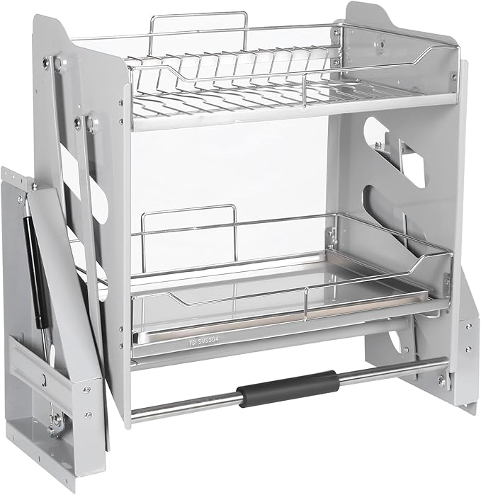 2-Tier Pull-down Storage Lift Cabinet Wall Cupboard Lifting Basket 304 Stainless Steel 22-34 Inch Width for Snacks Bowls Plate (600)